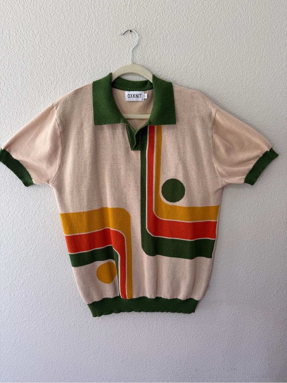 OXKNIT Men’s Retro Knit Polo Shirt Large Geometric Mod Camp Collar Sweater Top - Picture 2 of 4